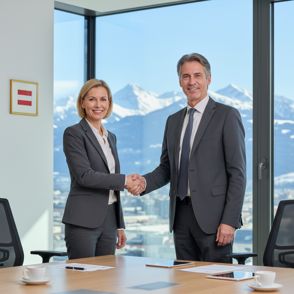A photorealistic image of a professional business meeting in an Austrian office setting, where two adults in business attire are shaking hands across a conference table, symbolizing a successful company purchase agreement, with subtle Austrian flags or alpine views in the background to represent Austria, conveying trust, agreement, and business growth without any legal documents visible.