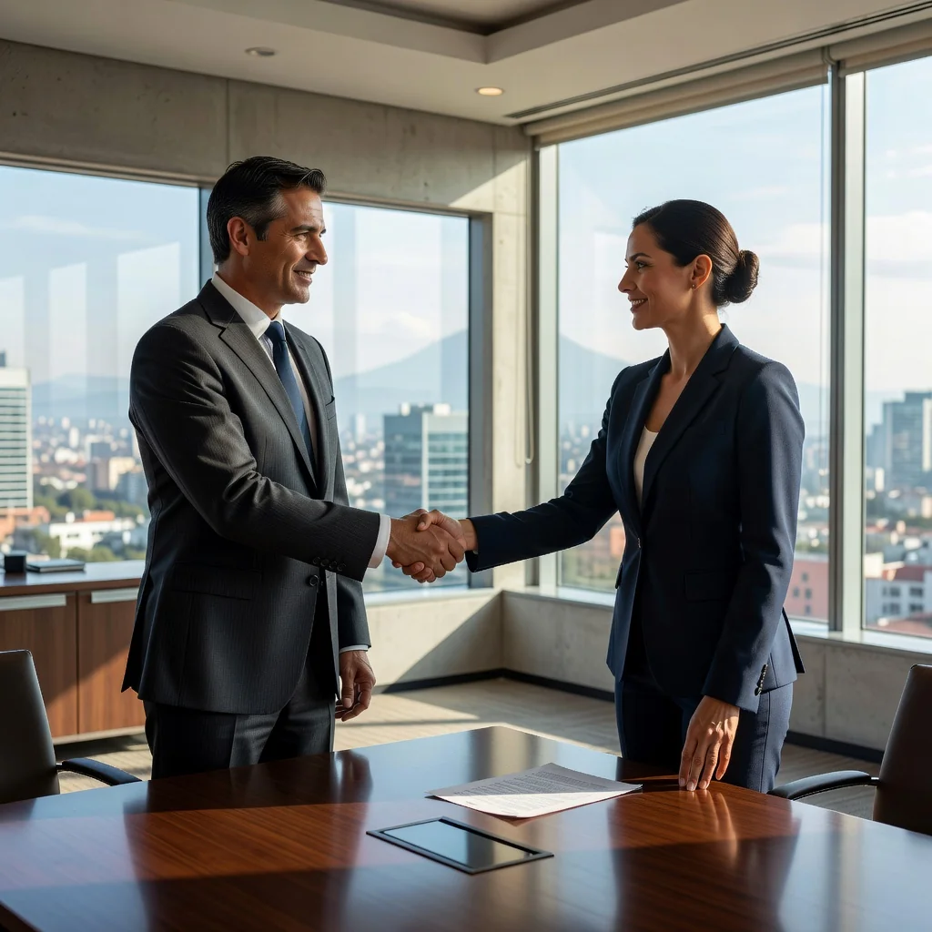 A photorealistic image of two professional business adults, a man and a woman in business attire, shaking hands across a conference table in a modern Mexican office, symbolizing the agreement in a company sale, with subtle Mexican cultural elements like a flag or decor in the background, conveying trust and partnership in business acquisition.