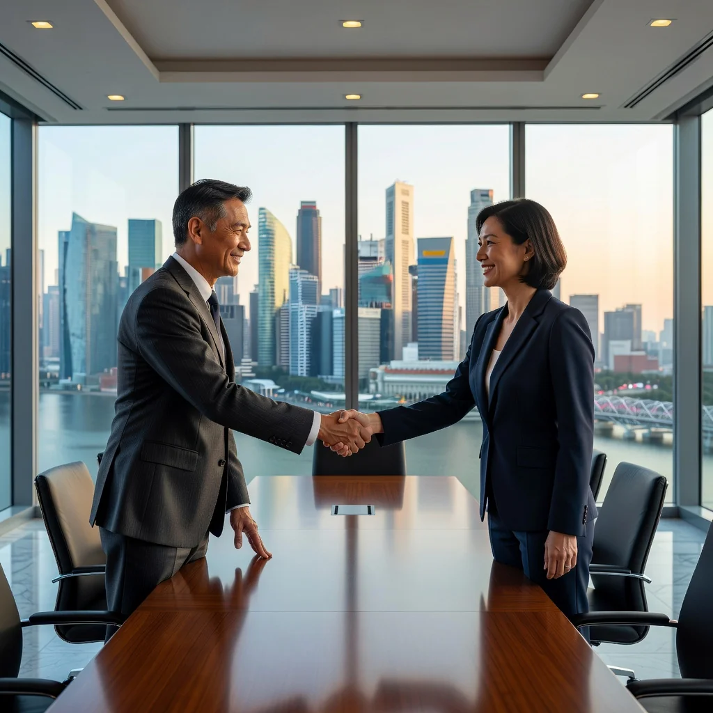 A professional business meeting in a modern Singapore office, with diverse adults shaking hands over a deal, symbolizing the successful sale of a business, with subtle Singapore skyline in the background.