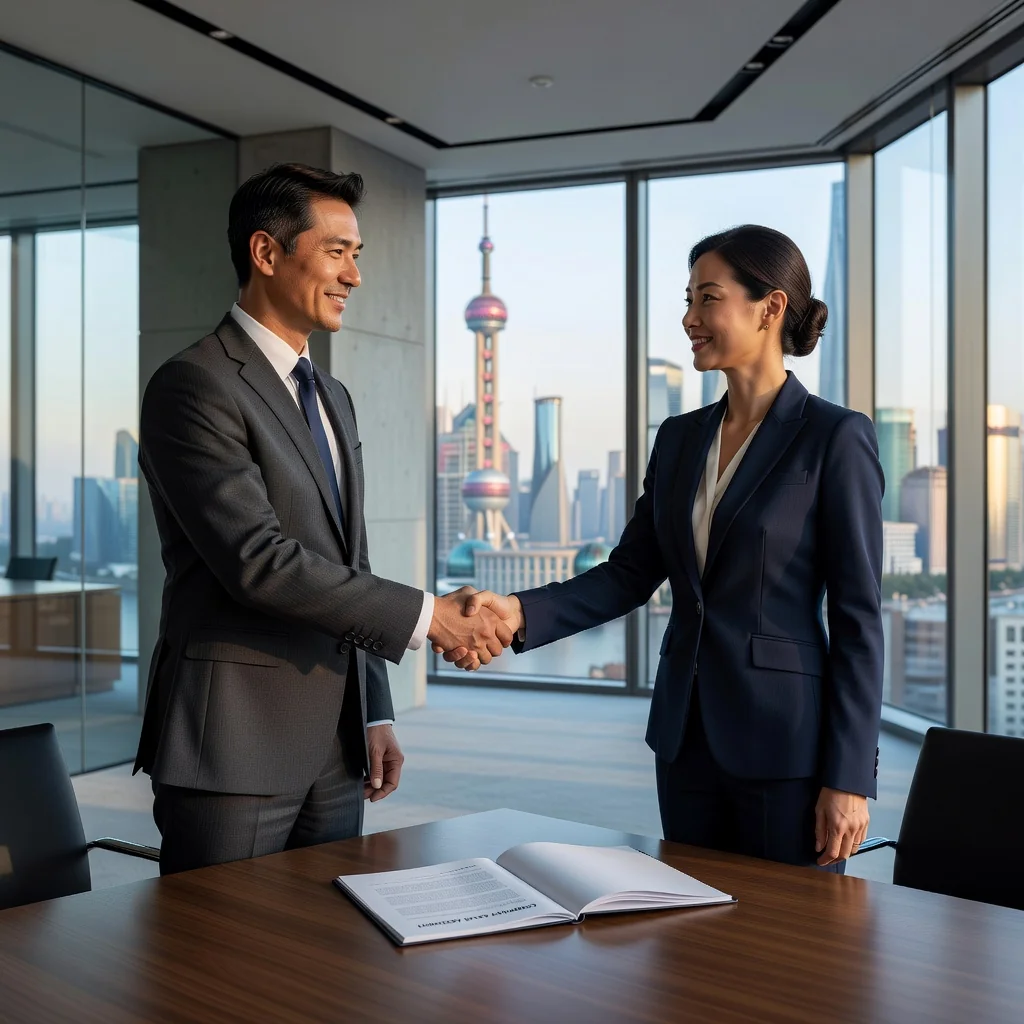 A photorealistic image depicting a professional business meeting between two Chinese businesspeople shaking hands in a modern office setting, symbolizing the agreement and partnership in a Chinese company sales agreement, with no children present and no legal documents visible.