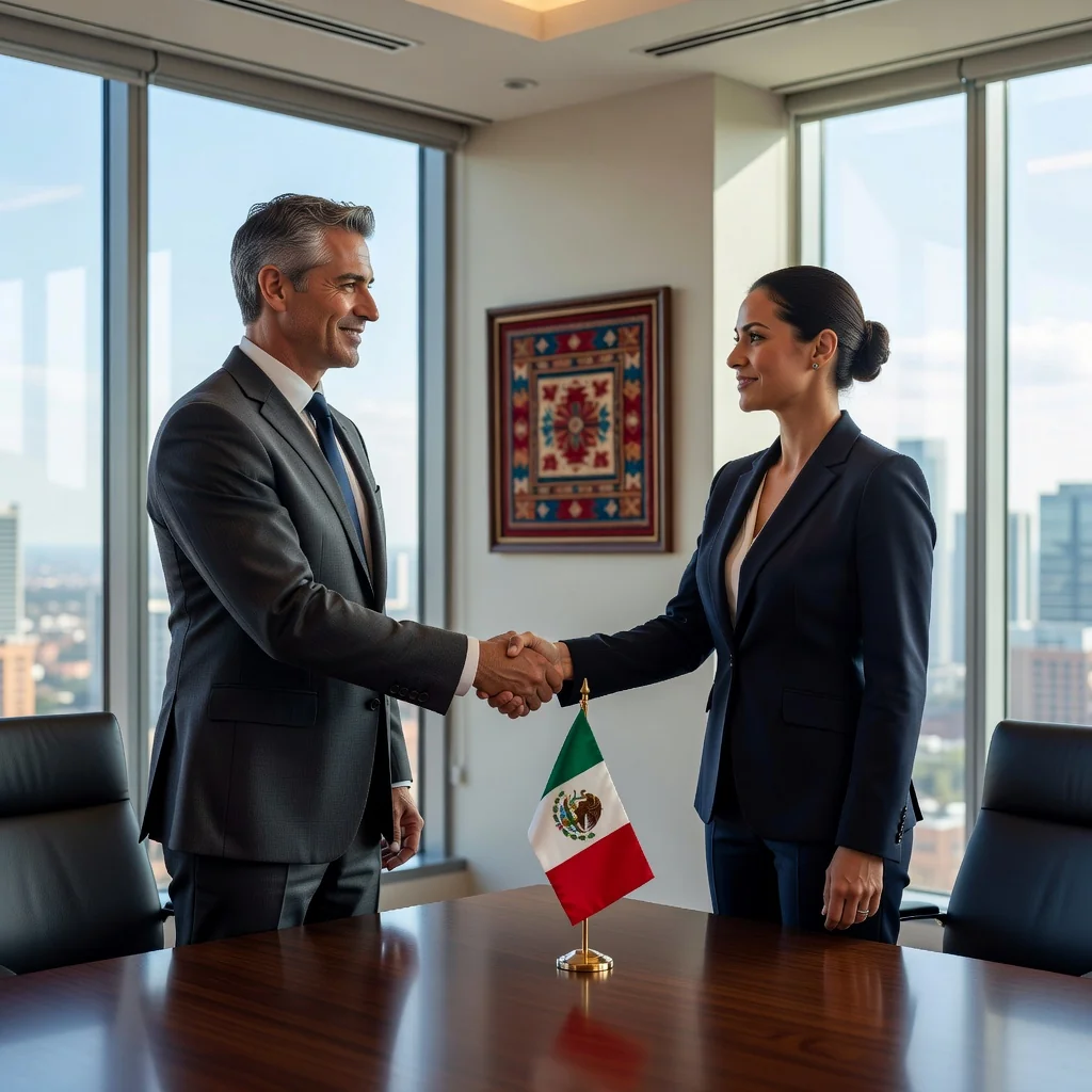A photorealistic image of two professional business adults, a man and a woman in business attire, shaking hands across a conference table in a modern Mexican office setting with subtle Mexican cultural elements like a flag or artwork in the background, symbolizing the successful sale and acquisition of a Mexican company.
