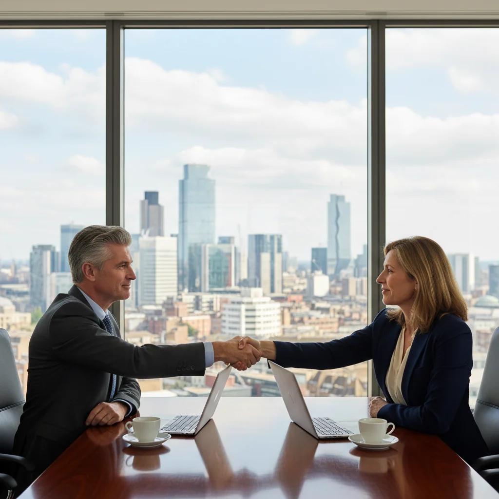 A photorealistic image of two professional adults in a modern office setting, shaking hands over a business deal, symbolizing the successful completion of a UK business sale agreement while avoiding common pitfalls, with subtle UK elements like a Union Jack flag in the background.