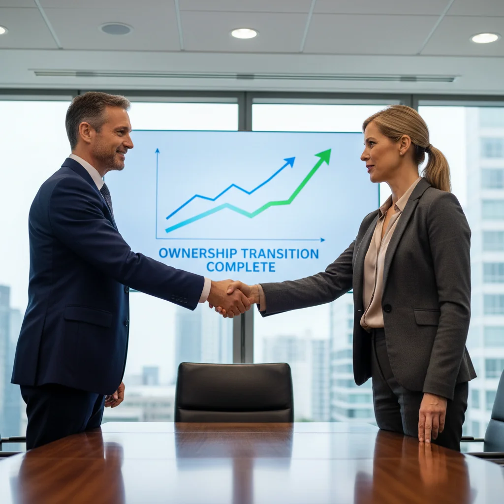 A photorealistic image depicting a successful business handover, showing two professional adults in a modern office shaking hands firmly across a conference table, with a subtle company logo transfer in the background, symbolizing a smooth enterprise sale transition, no children present.