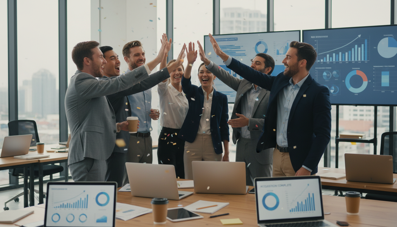 Team celebrating successful business transition.