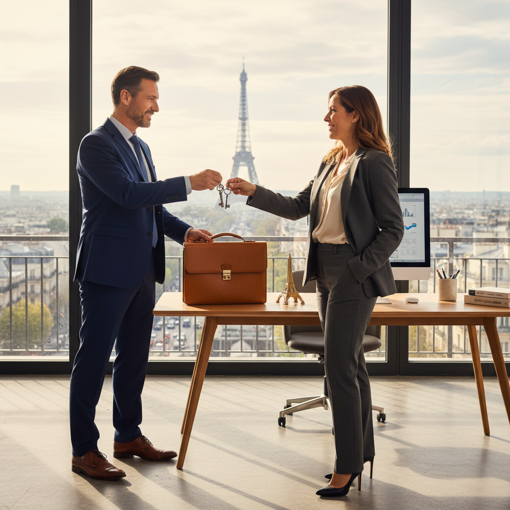 A photorealistic image depicting a professional business handover scene in a modern French office, symbolizing the transfer of a company. Show two middle-aged adults, one in a suit handing over symbolic keys or a briefcase to the other, with a subtle French flag or Eiffel Tower in the background view from a window, conveying trust and opportunity in entrepreneurship. No children, no legal documents visible.
