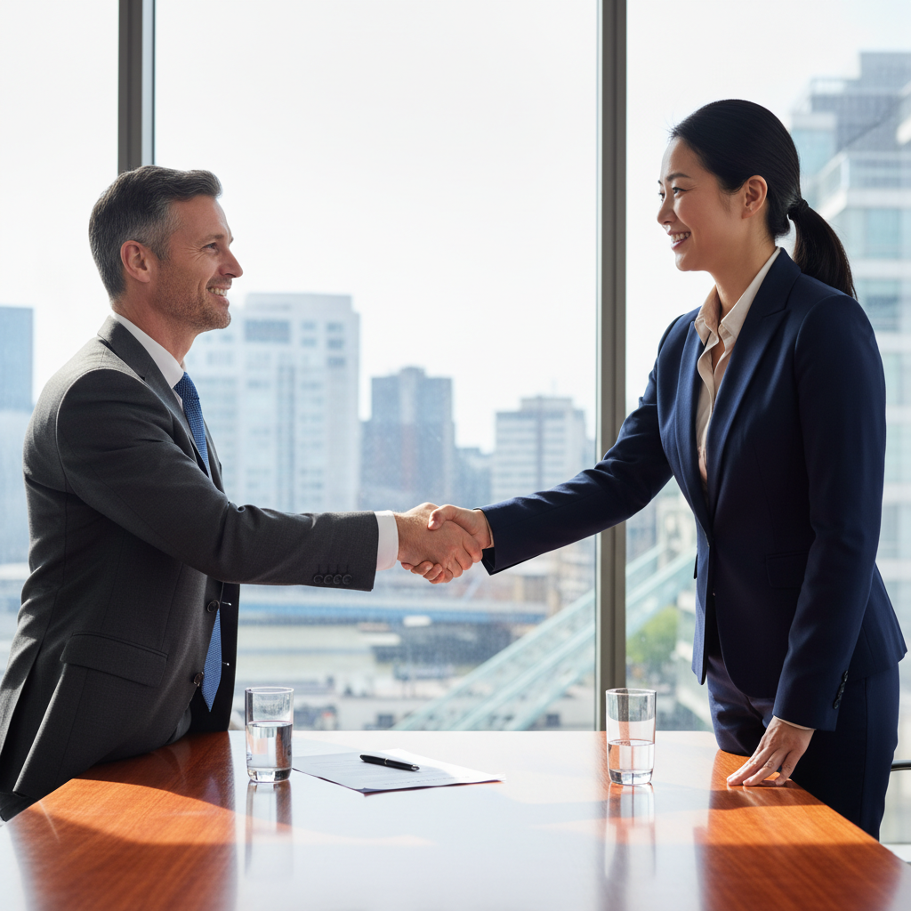 A professional business meeting in a modern UK office where two adults in business attire are shaking hands across a conference table, symbolizing the successful sale and transfer of a business, with subtle UK elements like a Union Jack flag or London skyline in the background.