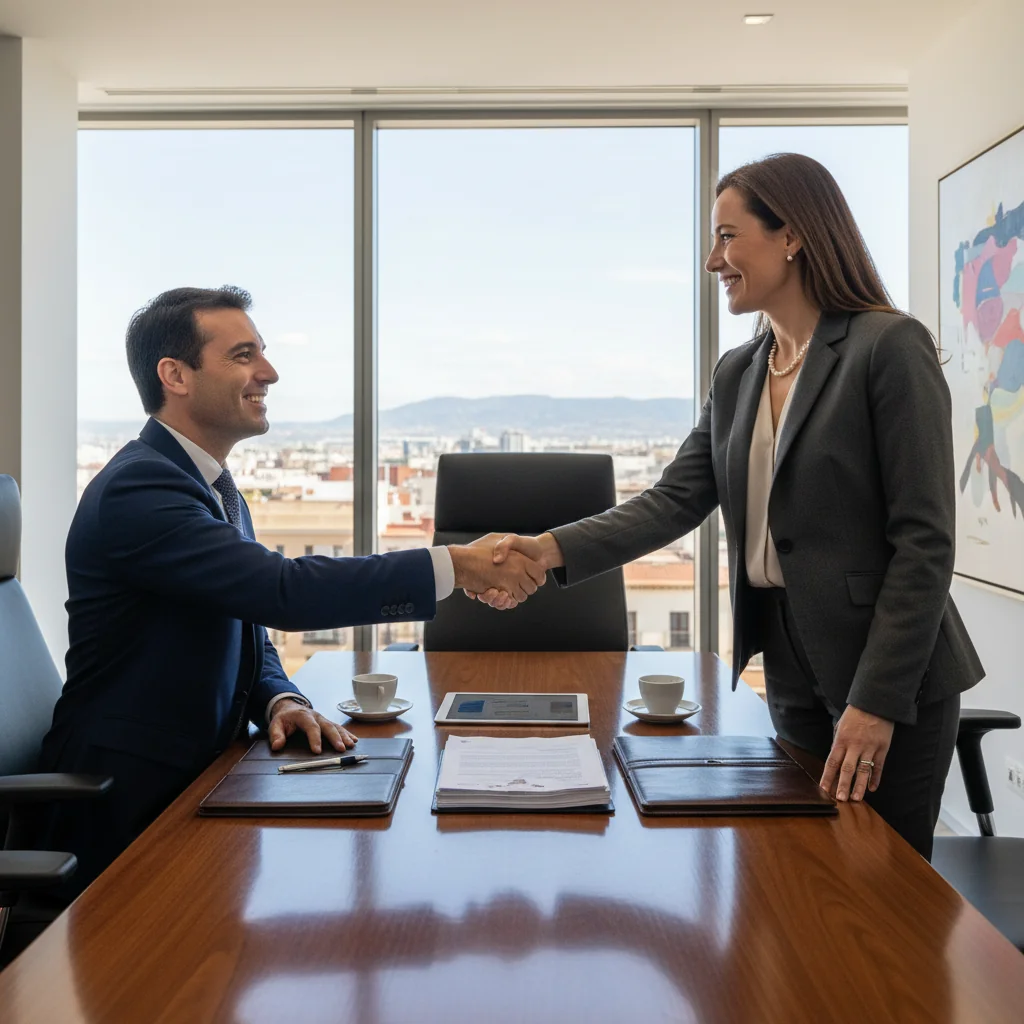 A photorealistic image depicting a professional business handshake between two middle-aged adults in a modern Spanish office setting, symbolizing the successful sale and acquisition of a company. The scene includes subtle Spanish elements like a flag or architecture in the background, conveying trust, agreement, and business transition without showing any legal documents.