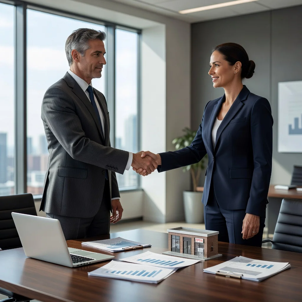 A photorealistic image depicting the professional transfer of a business, showing two adult business professionals in a modern office shaking hands over a conference table with subtle business assets like a computer and charts in the background, symbolizing the legal handover of a company without focusing on documents.