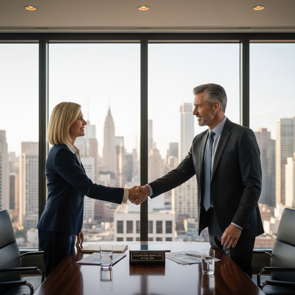 A professional business meeting in a modern office where two adults in business attire are shaking hands over a conference table, symbolizing the agreement in a company sale contract. The scene conveys trust, partnership, and successful business transaction without showing any legal documents.