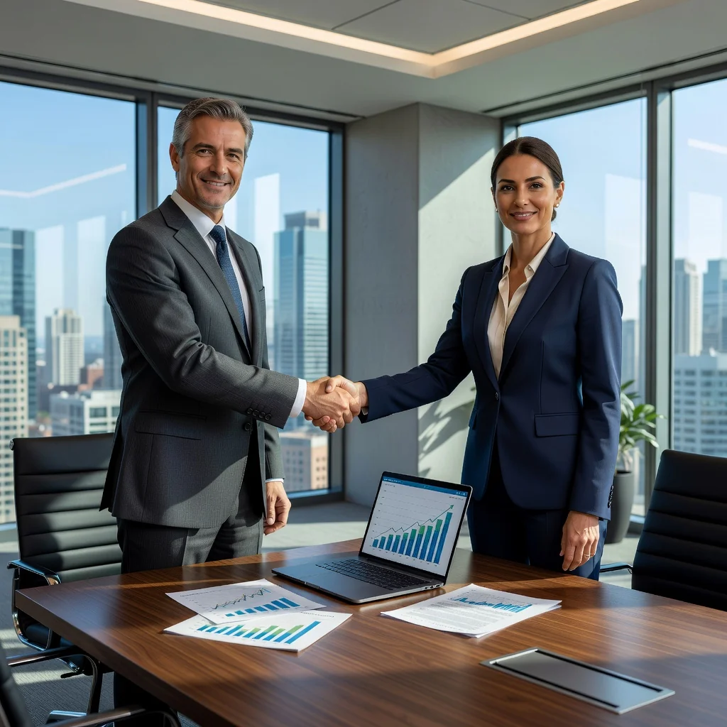 A photorealistic image of two professional adults in a modern business office, shaking hands over a conference table to symbolize a successful enterprise sale agreement, with subtle background elements like charts and a city skyline view, conveying trust and partnership in business transactions, no children present.