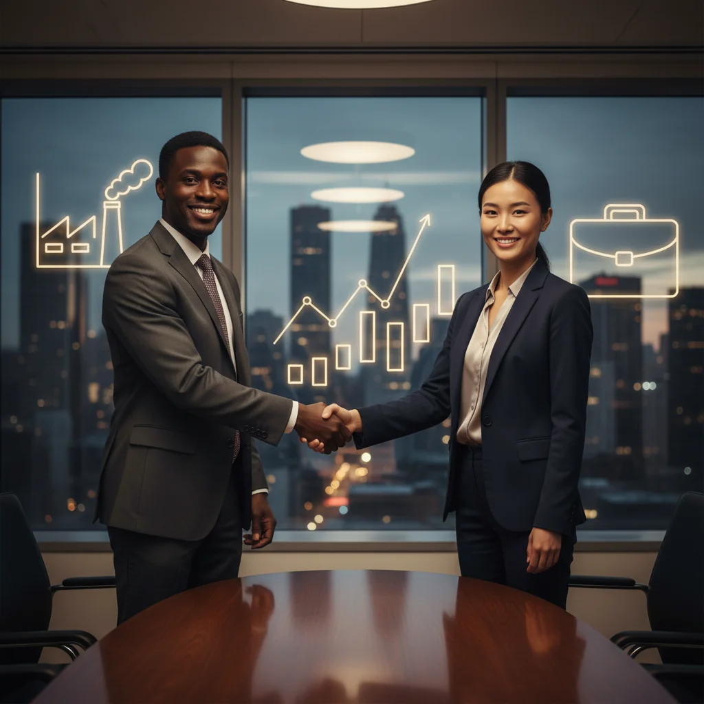 A professional business negotiation scene depicting two executives shaking hands across a conference table, with subtle icons of assets like a factory building, stock charts, and a briefcase in the background, symbolizing a successful asset purchase agreement. The atmosphere is collaborative and confident, in a modern office setting with warm lighting.