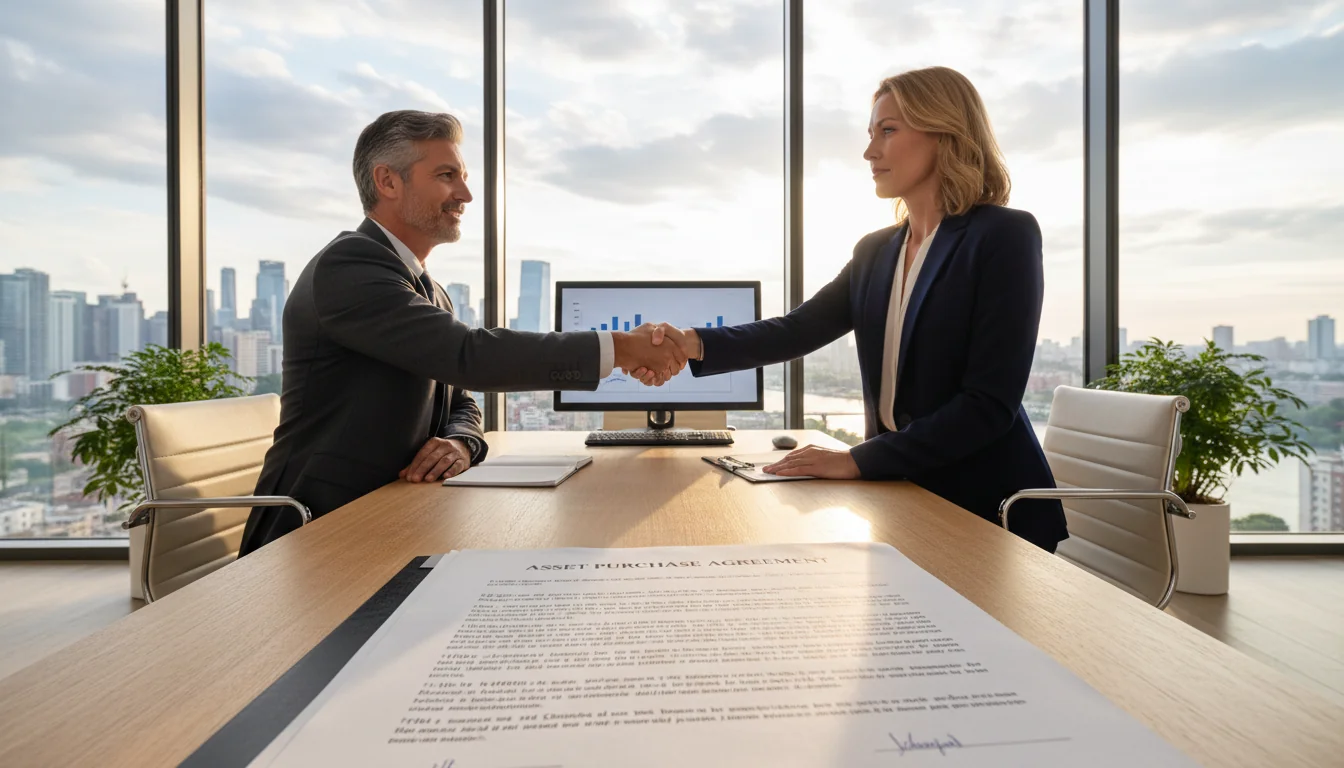 Business professionals shaking hands over contract