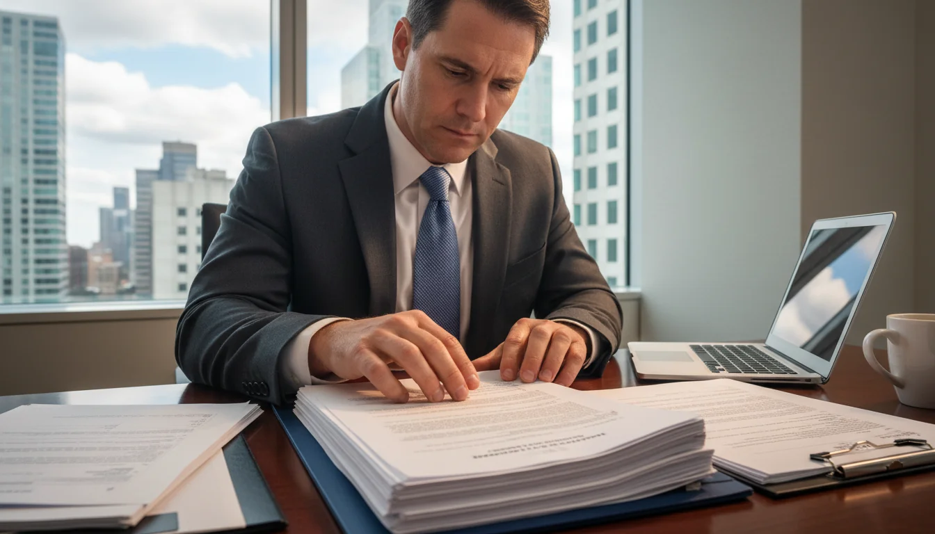 Lawyer reviewing asset purchase agreement document
