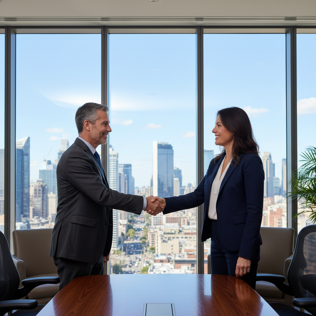 A photorealistic image of two professional businesspeople in a modern office, shaking hands over a conference table to symbolize a successful company acquisition or merger, with city skyline visible through large windows, conveying trust and business partnership without showing any legal documents.