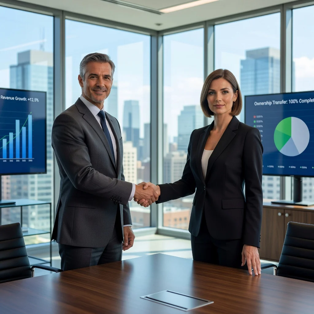 A photorealistic image depicting a professional business handover scene, where two adult businesspeople in suits shake hands across a conference table in a modern office, symbolizing the effective transfer of a company, with subtle background elements like charts and office decor, no legal documents visible, ensuring no children are present.