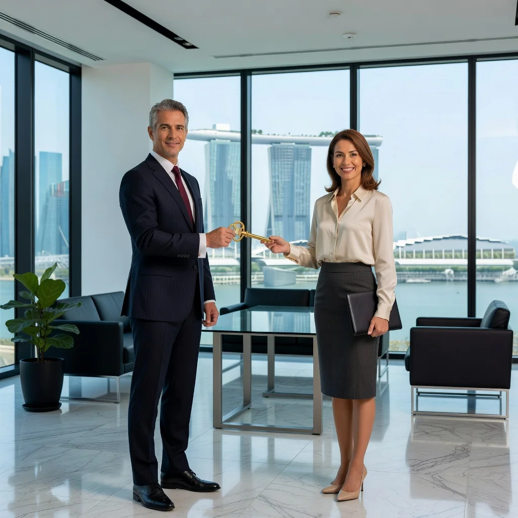 A photorealistic image depicting a professional business handover scene in a modern Singapore office, symbolizing the sale of a business. Two middle-aged Asian business professionals, one male in a suit handing over a symbolic key to the other female in business attire, with a city skyline view of Singapore in the background through large windows, conveying trust and transition without showing any legal documents.