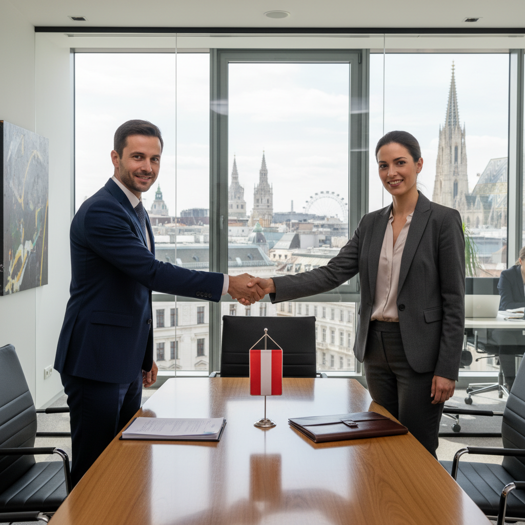 A photorealistic image depicting a professional business handshake between two middle-aged adults in a modern Austrian office setting, symbolizing the successful acquisition of a company, with elements like the Austrian flag subtly in the background and a cityscape of Vienna visible through a window, conveying trust, partnership, and business growth.