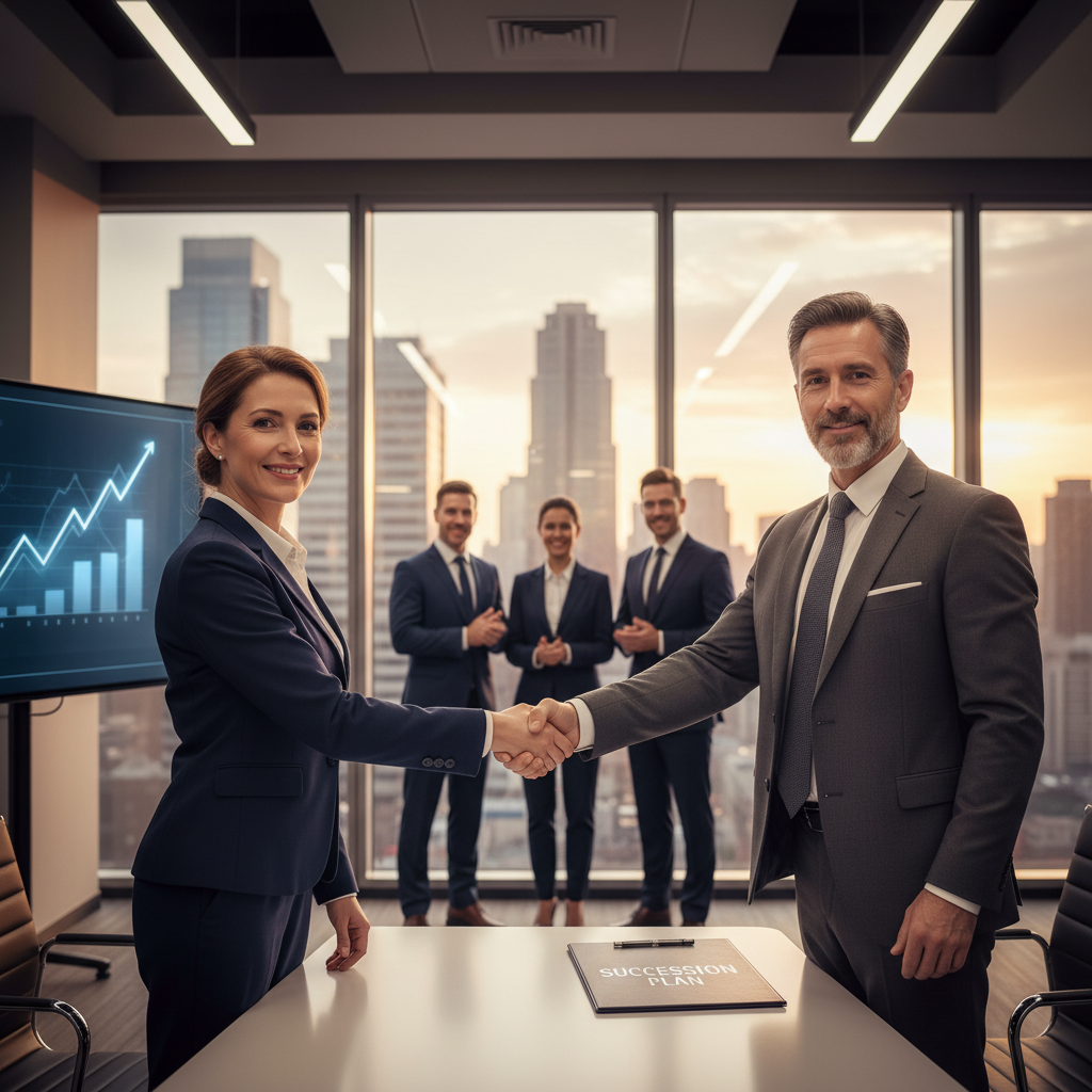 A photorealistic image symbolizing the business handover process in a corporate setting, featuring a diverse group of professional adults in a modern office, shaking hands over a conference table with subtle background elements like charts and a city skyline, representing fiscal and legal aspects of company transfer without showing any documents or children.
