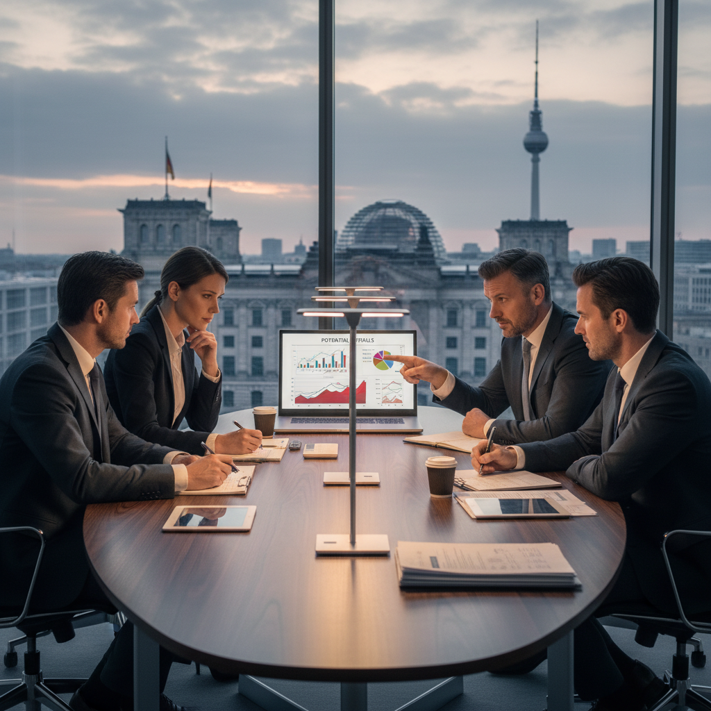 A photorealistic image of a professional business meeting in a modern German office, where a diverse group of adult business professionals are discussing company acquisition terms around a conference table, looking concerned to highlight common pitfalls in corporate purchases, no children present.