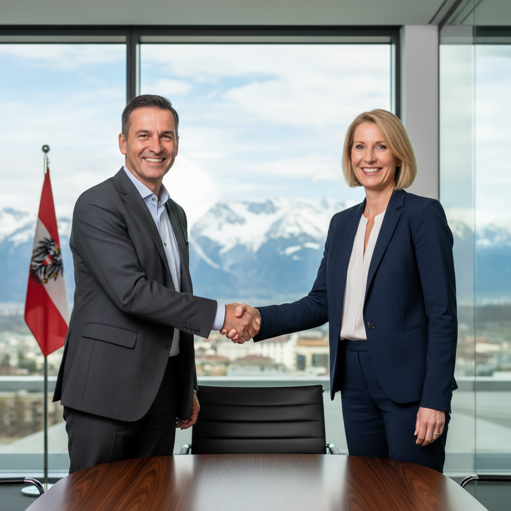 A photorealistic image of two professional adults, a buyer and a seller, shaking hands in a modern Austrian office setting with subtle national elements like a view of the Alps in the background, symbolizing a successful business acquisition deal.