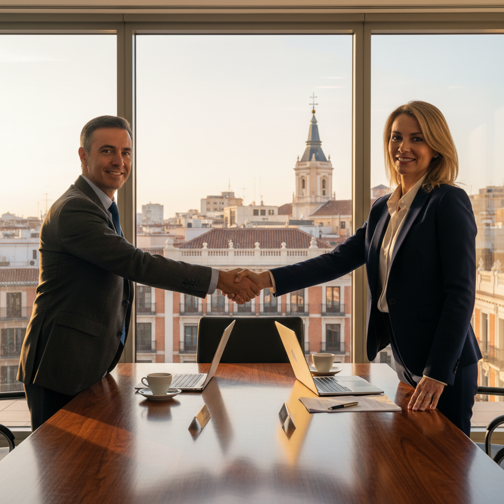 A photorealistic image depicting a professional business meeting in a modern Spanish office, where two middle-aged executives in suits are shaking hands over a conference table, symbolizing the successful sale of a company, with subtle Spanish elements like a flag or architecture in the background, conveying trust and legal agreement in business transactions.