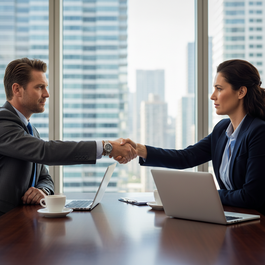 A photorealistic image of two professional adults in business attire shaking hands across a conference table in a modern office setting, symbolizing the successful completion of a company acquisition deal. The atmosphere is positive and professional, with cityscape view through large windows in the background.
