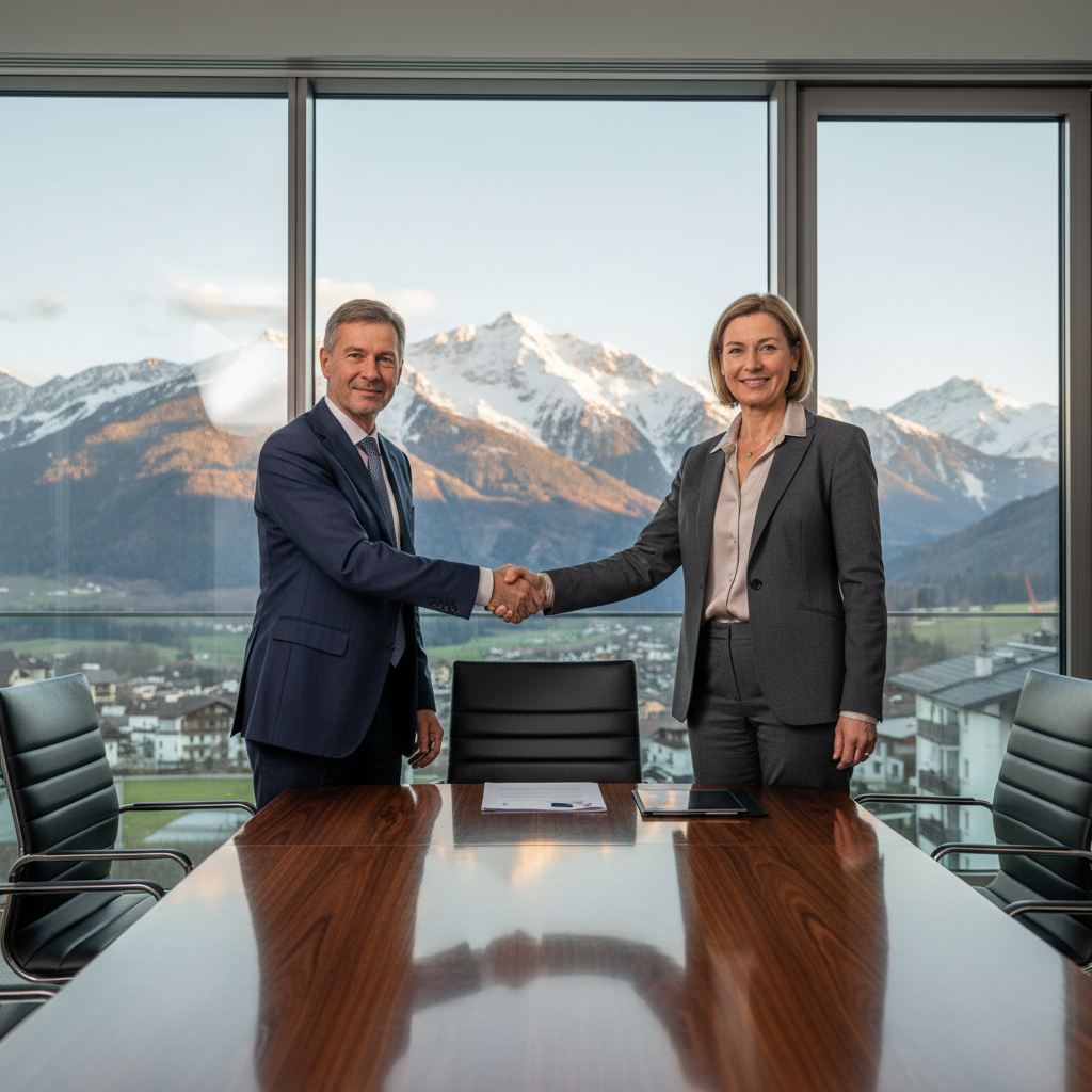 A professional scene representing the acquisition of a company in Austria, featuring a confident business executive shaking hands with another executive in a modern conference room overlooking the Austrian Alps, symbolizing a successful business deal and legal agreement, with no documents visible.