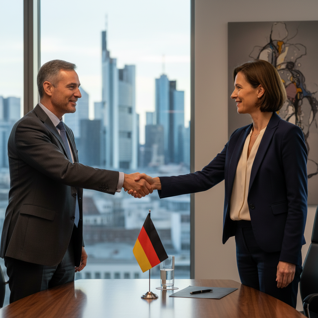 A photorealistic image of two professional adults in a modern German office, shaking hands over a conference table to symbolize a successful company acquisition, with subtle German flags or business documents in the background, conveying trust and legal business transaction without showing any actual legal papers.