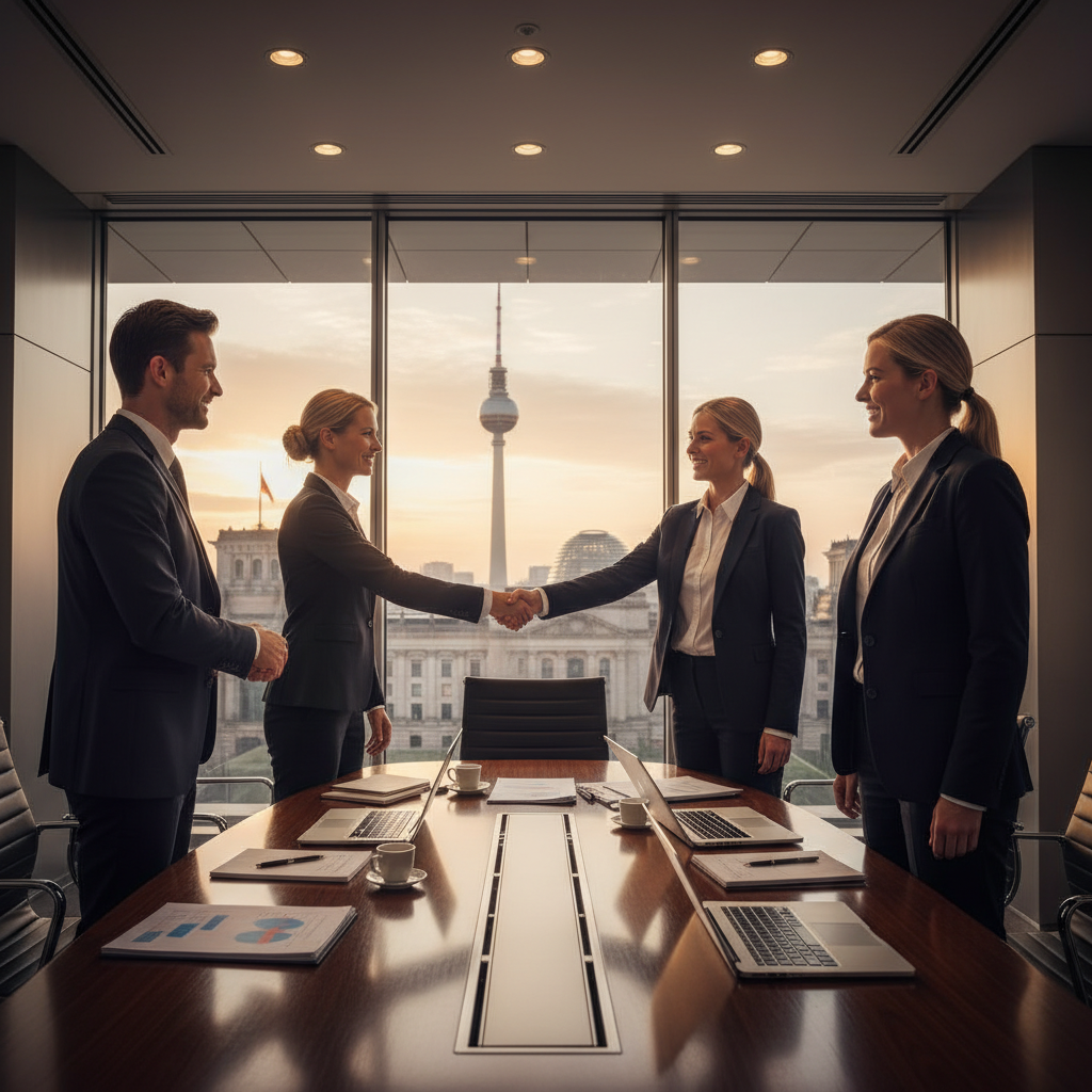 A professional business scene in Germany representing the acquisition of a company through a purchase agreement, showing a diverse group of adult business professionals in a modern conference room shaking hands after a successful deal, with German flags or subtle Berlin skyline in the background to evoke trust and legality, no children present.