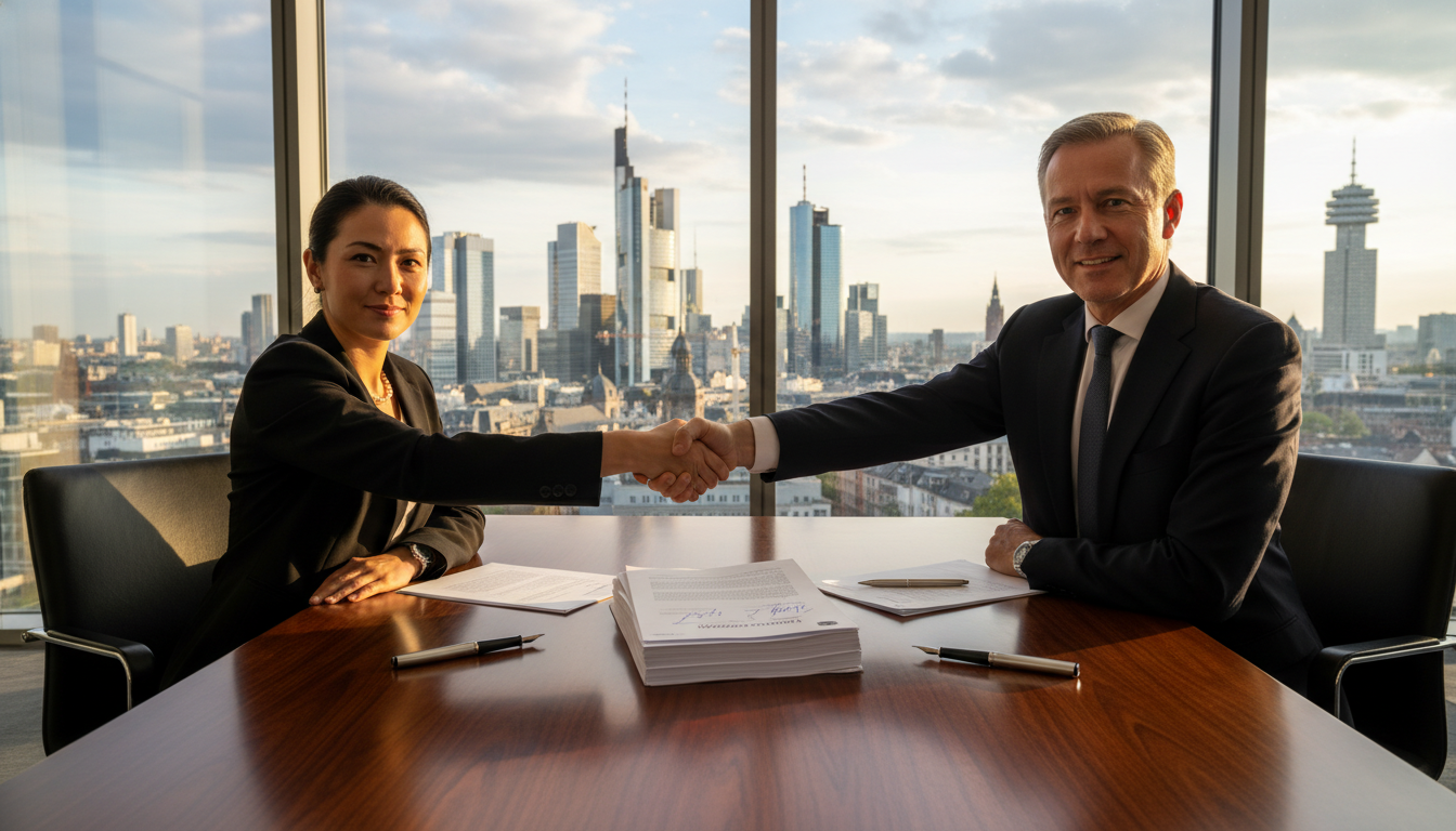 Handshake after German company acquisition.