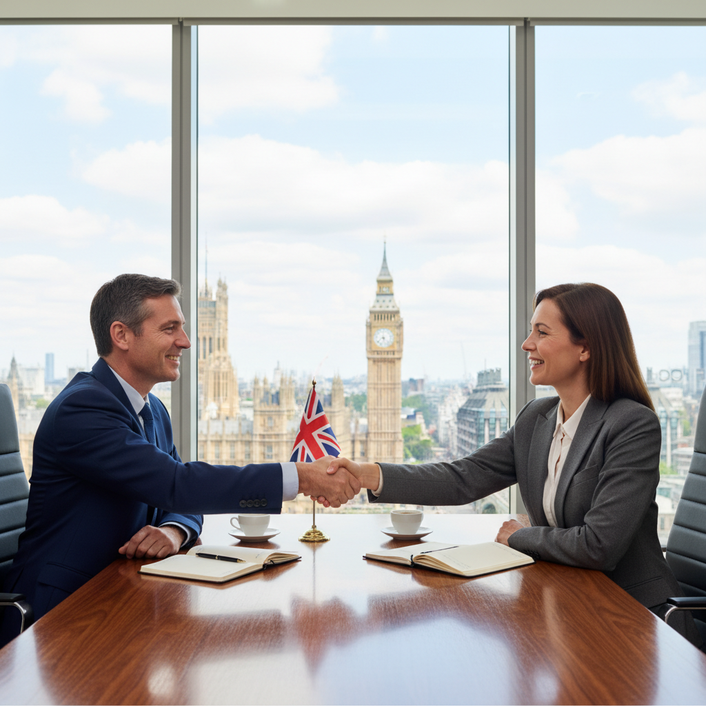 A professional business meeting in a modern UK office where two adults in business attire are shaking hands over a conference table, symbolizing a successful business sale agreement, with subtle UK elements like a Union Jack flag in the background and London skyline visible through a window.
