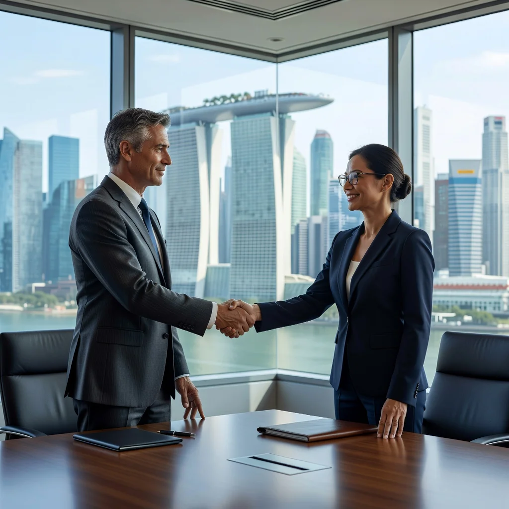A photorealistic image depicting the successful sale of a business in Singapore, showing two professional adults shaking hands in a modern office setting with a city skyline view of Singapore in the background, symbolizing partnership and business transition.