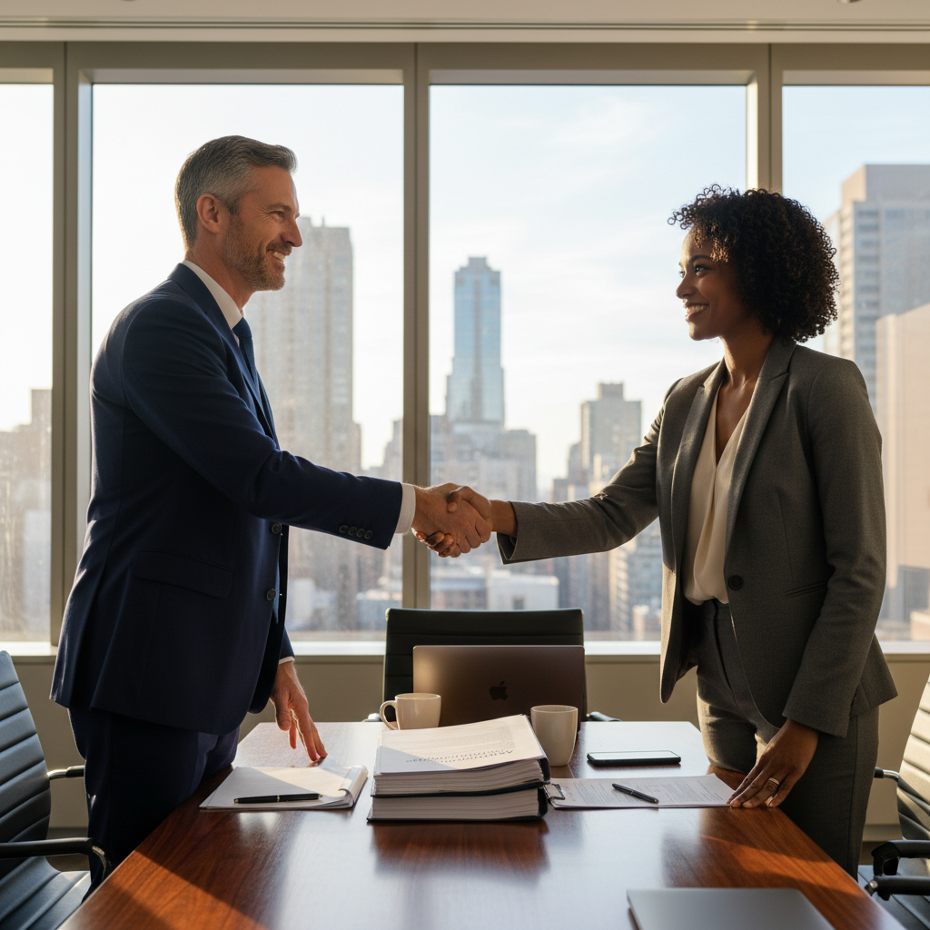 A photorealistic image of two professional adults, a businessman and a businesswoman, shaking hands in a modern corporate office setting, symbolizing a successful asset acquisition deal in the United States. The scene conveys trust, partnership, and business growth without focusing on any documents. No children are present in the image.