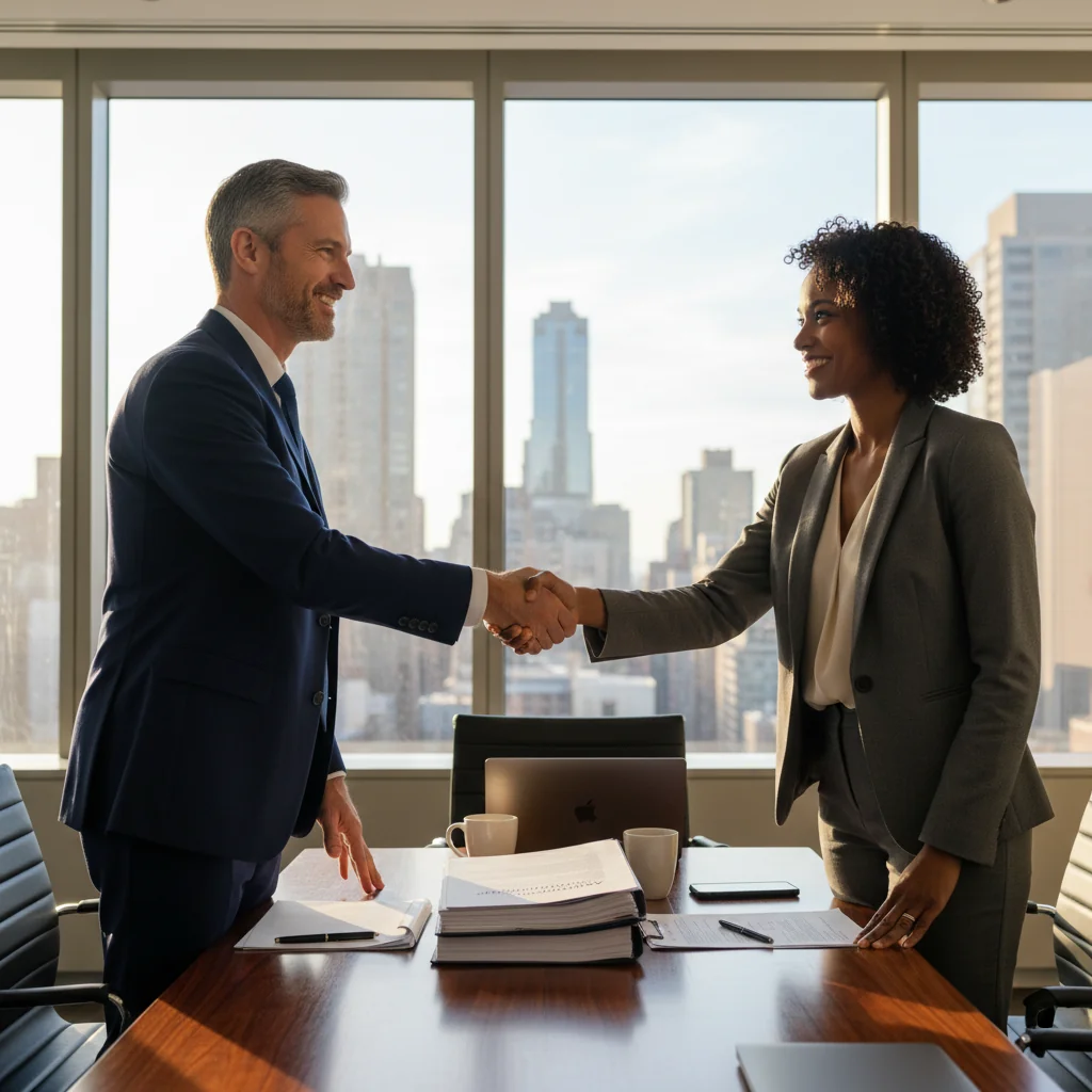 A photorealistic image of two professional adults, a businessman and a businesswoman, shaking hands in a modern corporate office setting, symbolizing a successful asset acquisition deal in the United States. The scene conveys trust, partnership, and business growth without focusing on any documents. No children are present in the image.