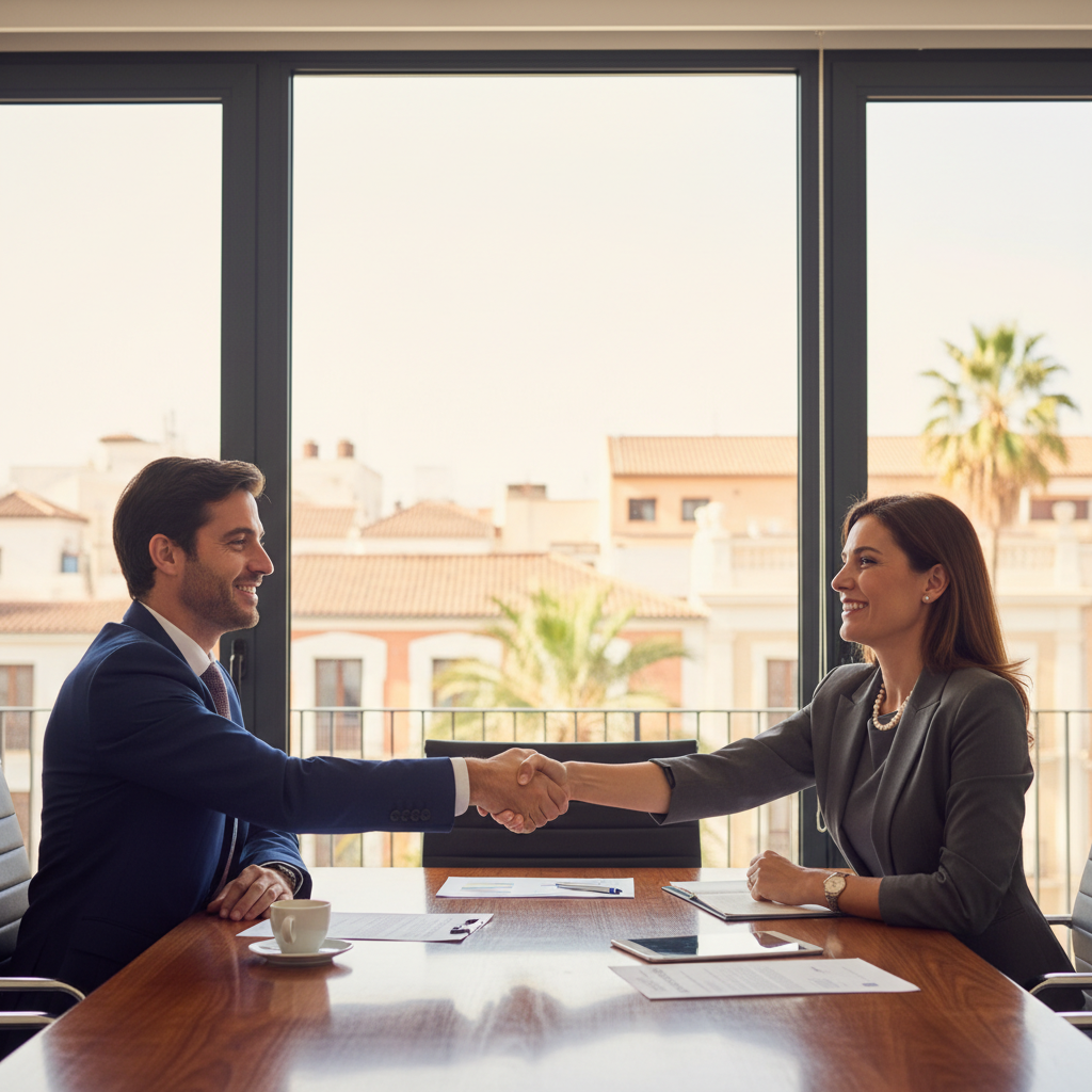 A photorealistic image depicting a professional business handshake between two middle-aged adults in a modern Spanish office setting, symbolizing the agreement and transfer of a company ownership, with subtle Spanish elements like a flag or architecture in the background. No children, no legal documents visible.