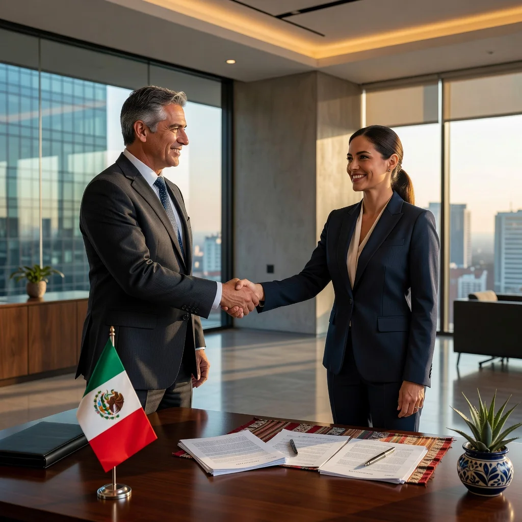 A photorealistic image depicting a professional business handshake between two adults in a modern Mexican office setting, symbolizing the agreement and transfer of a company through a purchase contract, with elements like a Mexican flag or subtle cultural motifs in the background to represent the location, no children present.