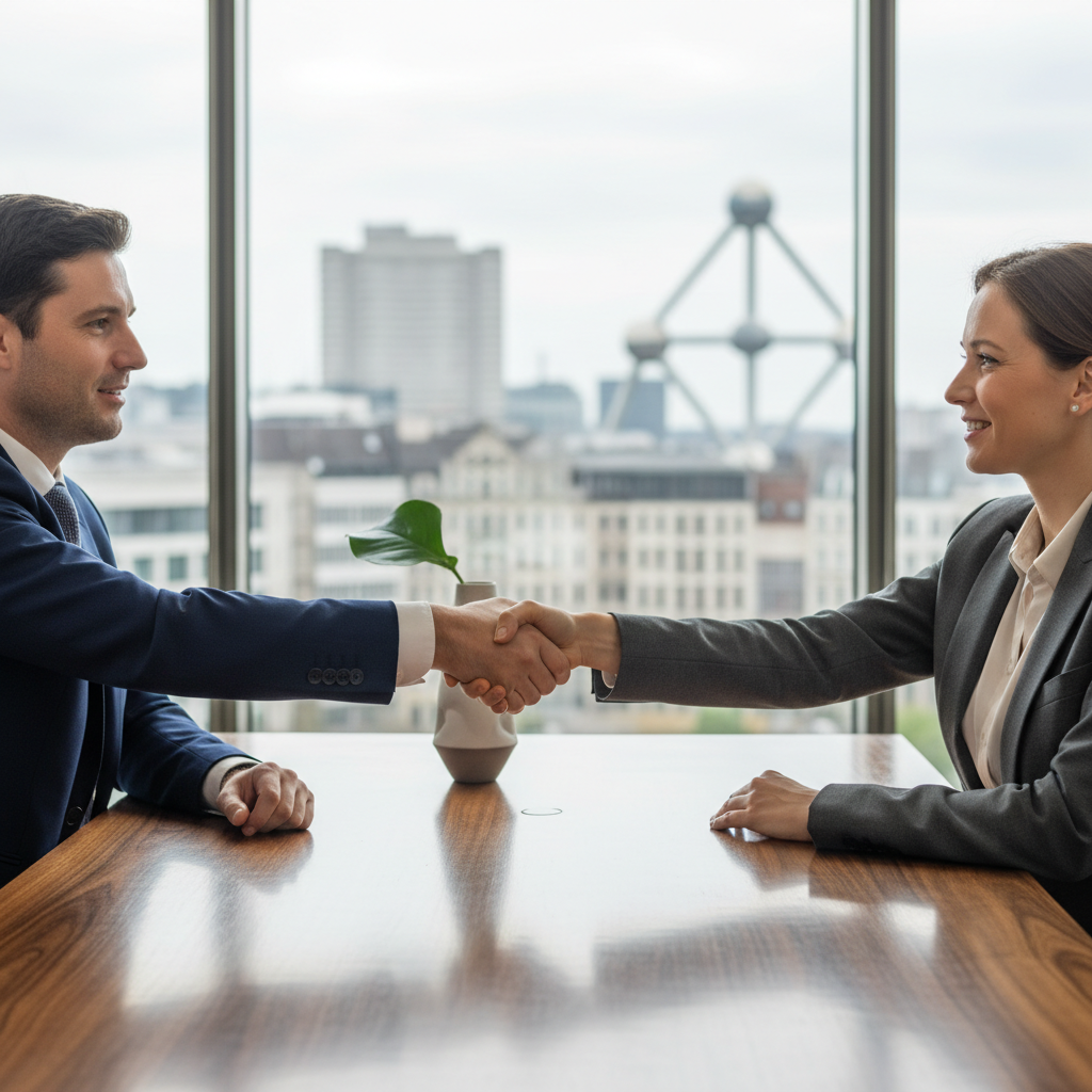 A professional business handshake between two adults in a modern Belgian office setting, symbolizing the transfer of a commercial fund or business sale, with subtle Belgian elements like a flag or Brussels architecture in the background, conveying trust and legal agreement without showing any documents.