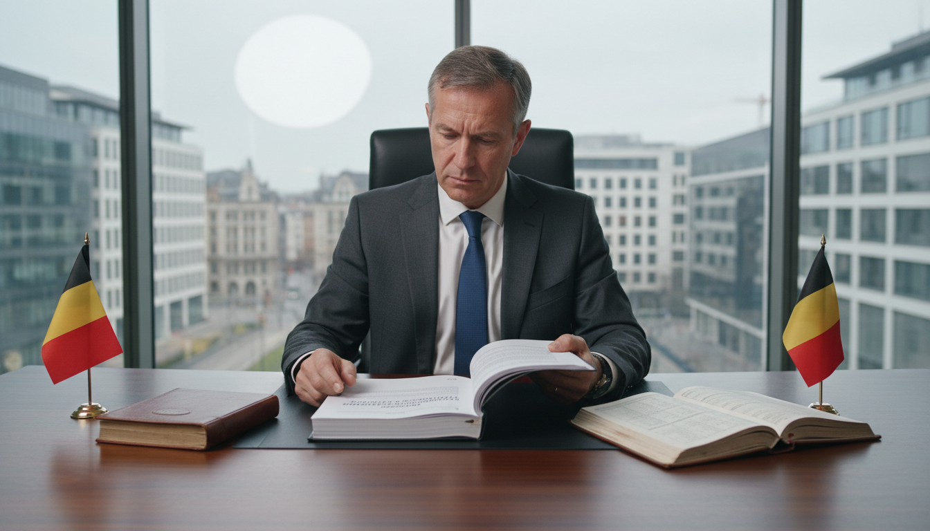 Belgian lawyer reviewing business sale contract