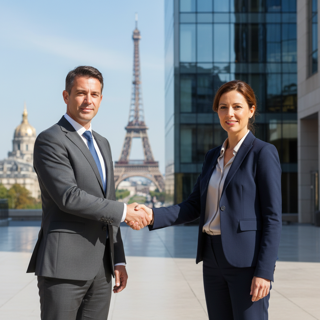 A photorealistic image depicting a professional business handover in France, showing two middle-aged adults in business attire shaking hands in front of a modern office building with French architectural elements like a Eiffel Tower silhouette in the background, symbolizing the transfer of a company.