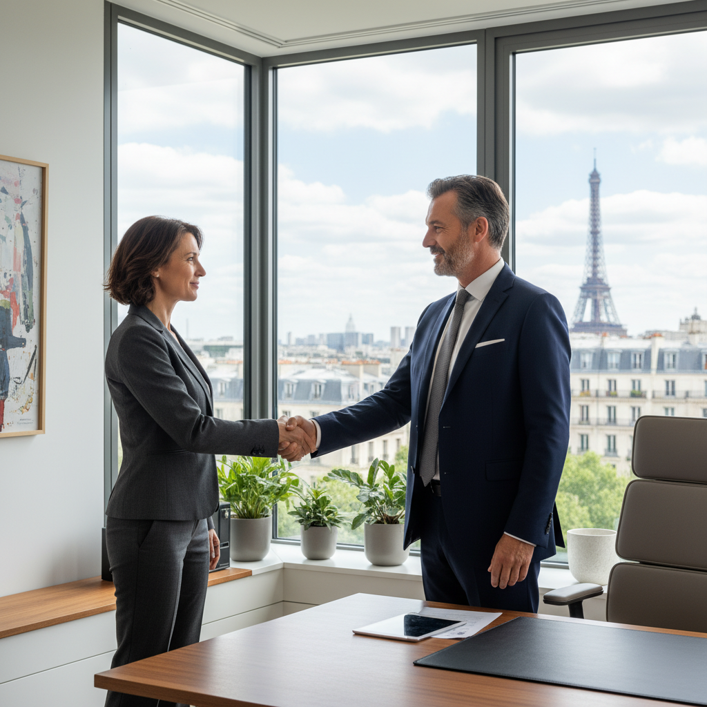 A photorealistic image of a professional business owner in a modern French office, shaking hands with a buyer across a desk, symbolizing the transfer of a company, with subtle French elements like a Eiffel Tower view in the background, conveying trust and successful business cession.
