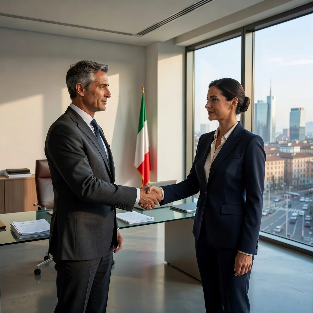 A photorealistic image representing the transfer of a business in Italy, showing a professional meeting between two adults in a modern office, shaking hands over a table with subtle Italian elements like a flag or map in the background, symbolizing a business deal without focusing on documents.