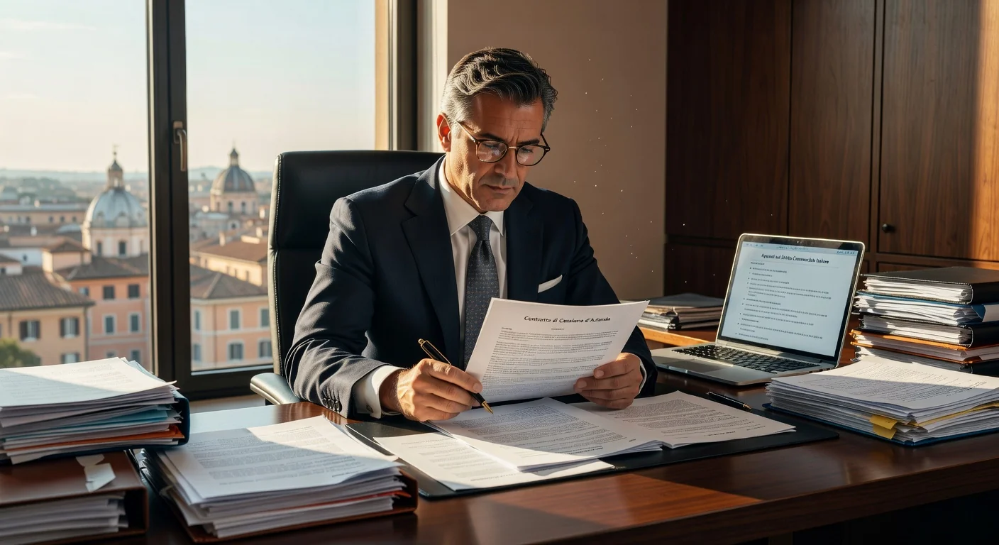 Italian lawyer reviewing business sale contract