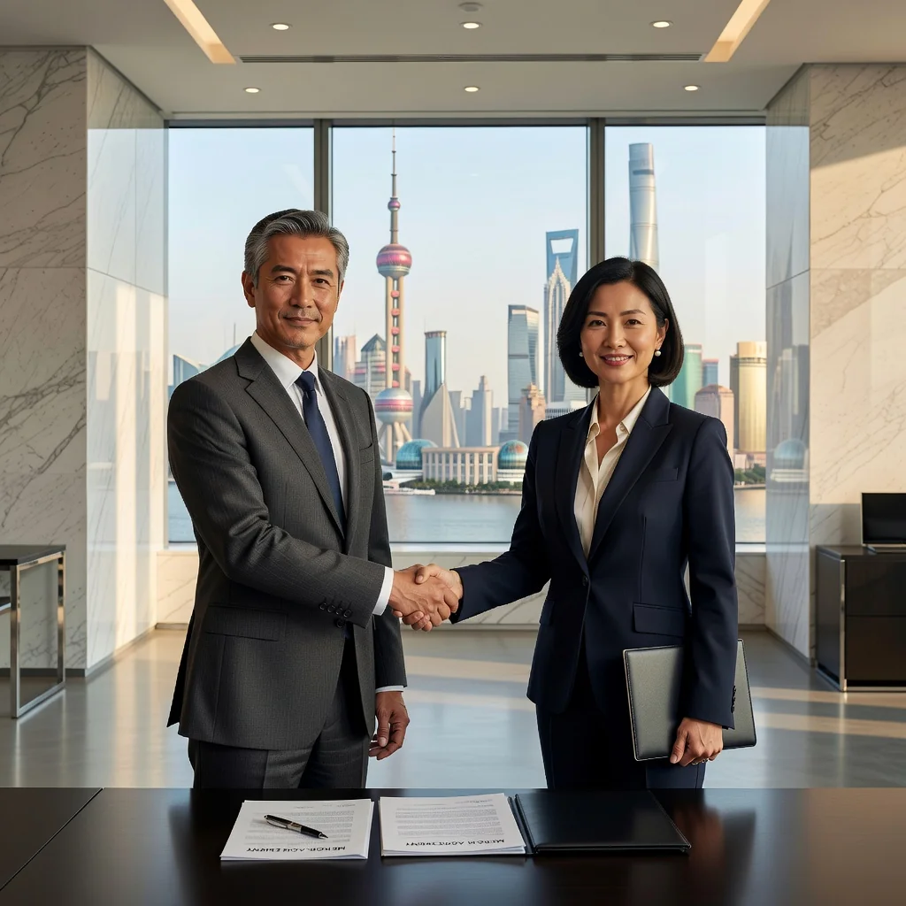 A photorealistic image of two professional adults in a modern Chinese office, shaking hands over a business deal, symbolizing a company acquisition or merger agreement, with subtle Chinese business elements like a city skyline in the background, no legal documents visible, no children present.