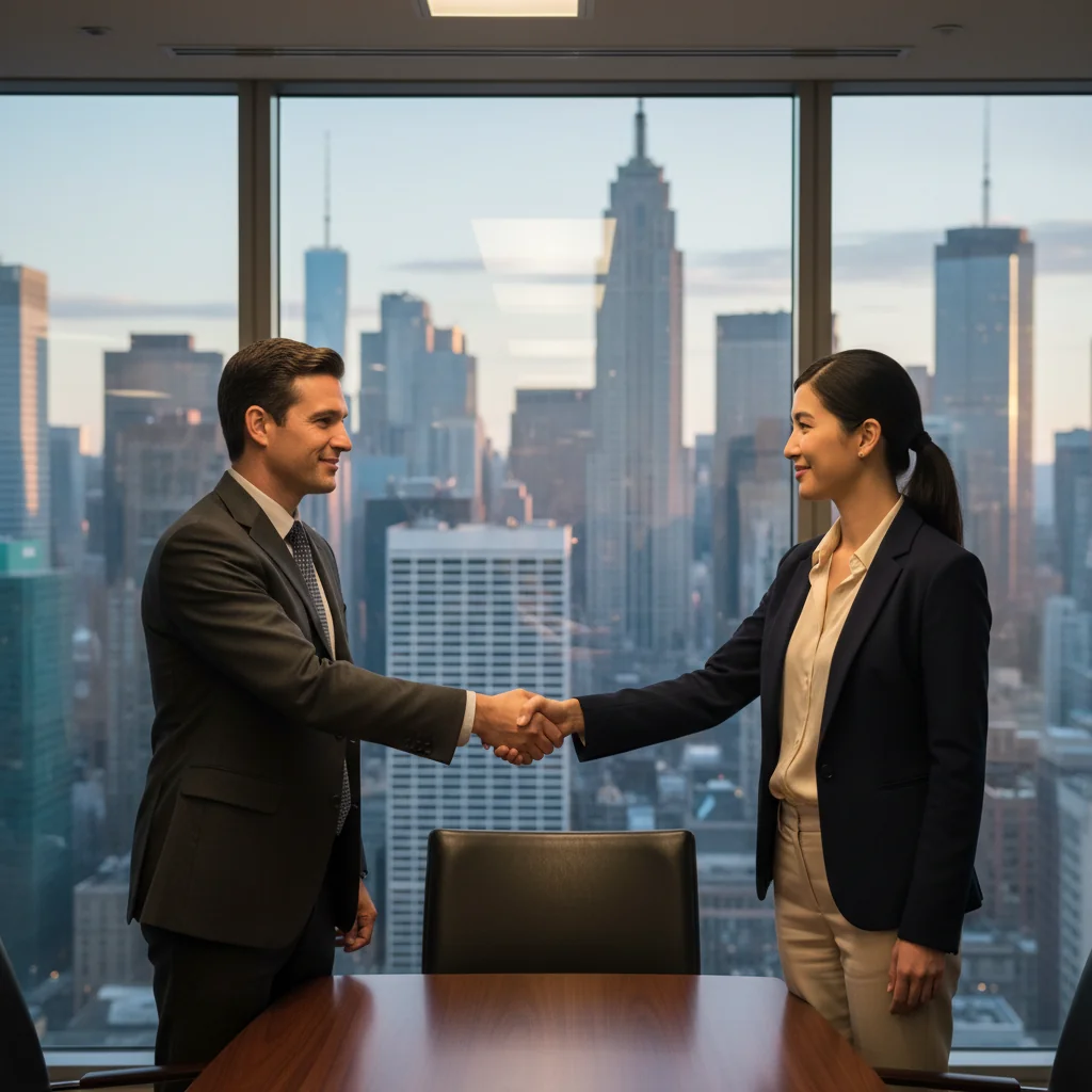A photorealistic image depicting a professional business handshake between two adults in a modern office setting, symbolizing the transfer and agreement of intellectual property rights, such as a trademark, with no legal documents visible, conveying trust and partnership in a corporate environment.