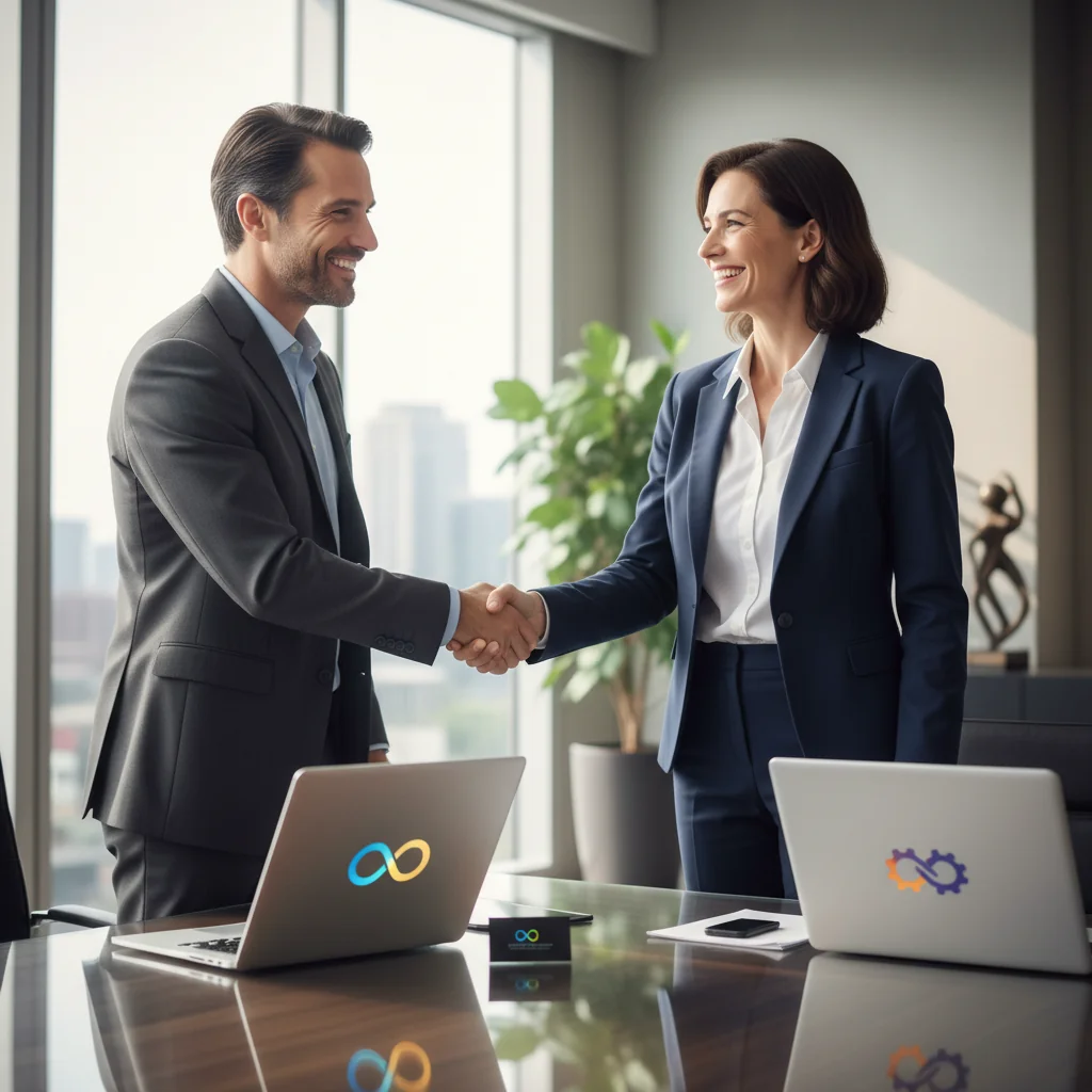A photorealistic image of a professional business meeting in a modern office, where two adults are shaking hands over a conference table, symbolizing the successful transfer and agreement of a trademark or brand asset. The scene conveys trust, partnership, and business growth, with subtle branding elements like logos on business cards or a digital screen in the background, but no legal documents visible. The image is bright, professional, and energetic, focusing on adult professionals only.