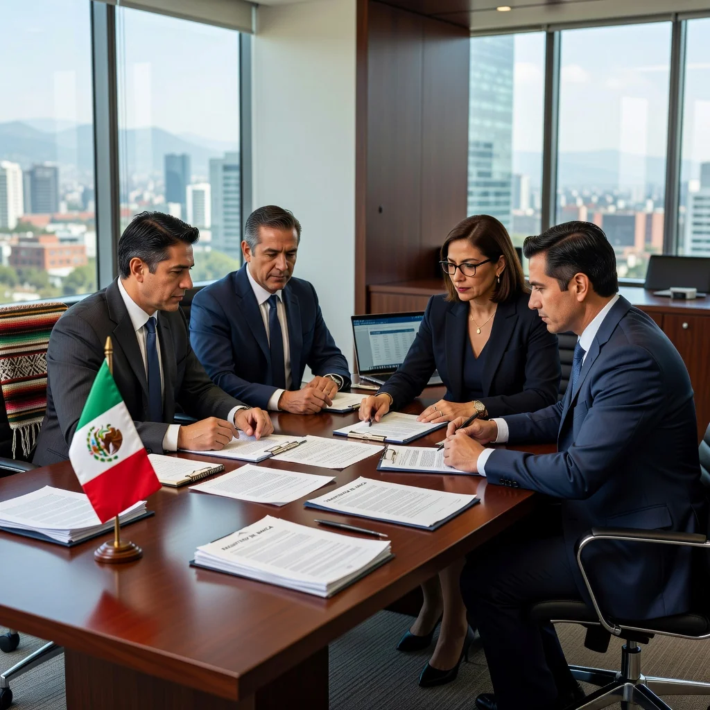 A photorealistic image of a professional business meeting in a modern Mexican office, where a diverse group of adults is discussing brand trademark transfer documents on a table, symbolizing legal registration processes, with elements like a Mexican flag in the background and no children present.