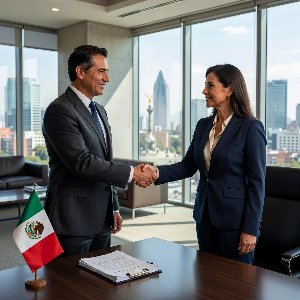 A photorealistic image representing the transfer of a brand in Mexico, showing two professional businesspeople in a modern office in Mexico City shaking hands over a table with subtle Mexican cultural elements like a flag or city skyline in the background, symbolizing a successful business agreement without focusing on any documents.