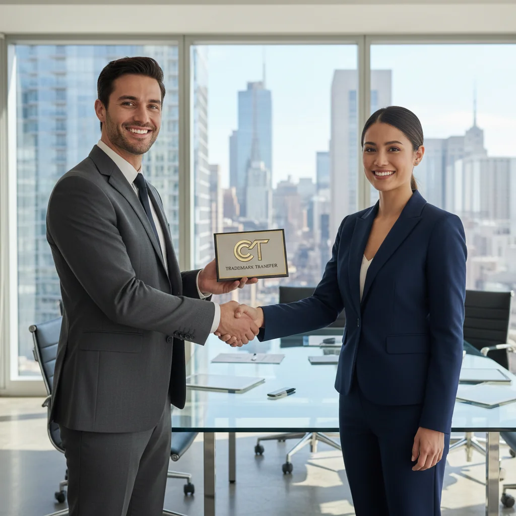 A professional business meeting where a lawyer or executive is handing over a symbolic item representing a trademark transfer, such as a branded logo on a plaque, in a modern office setting with adults only, conveying trust and legal agreement.