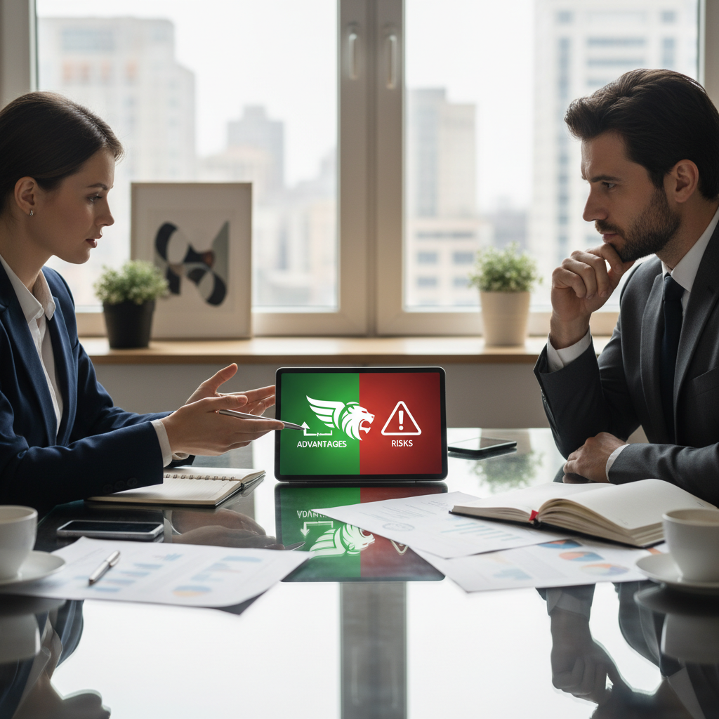 A photorealistic image symbolizing the advantages and risks of trademark transfer, featuring a professional business meeting where adults are discussing brand assets on a tablet, with one side showing a successful brand logo glowing positively and the other side a warning sign indicating potential risks, in a modern office setting, no children present.