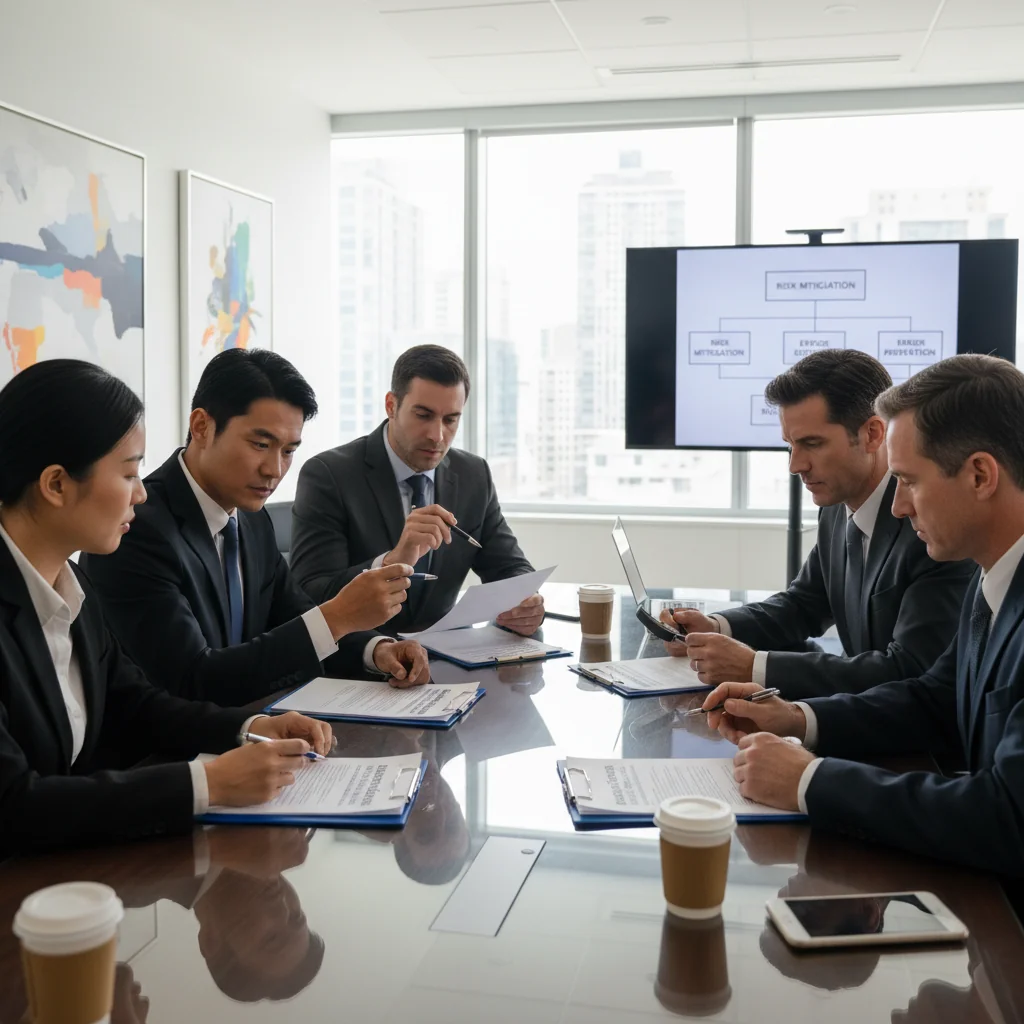 A photorealistic image of a professional business meeting in a modern office where a diverse group of adults is discussing and signing important documents, symbolizing careful handling of trademark assignments to avoid mistakes, with no children present.